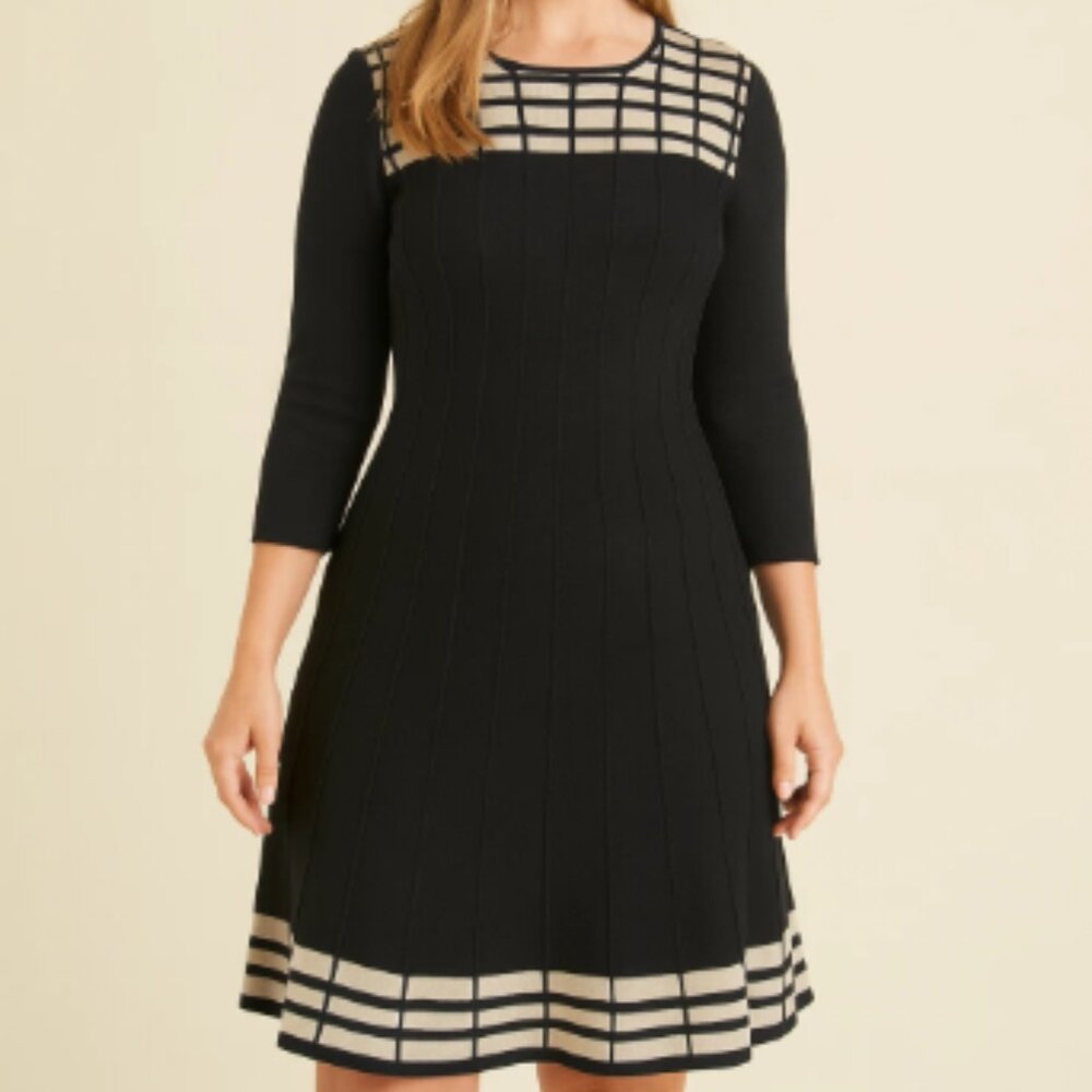 JH Pleated Sweater Dress Size XL Black & Ivory Accents Midi Stretch 3/4 Sleeve
